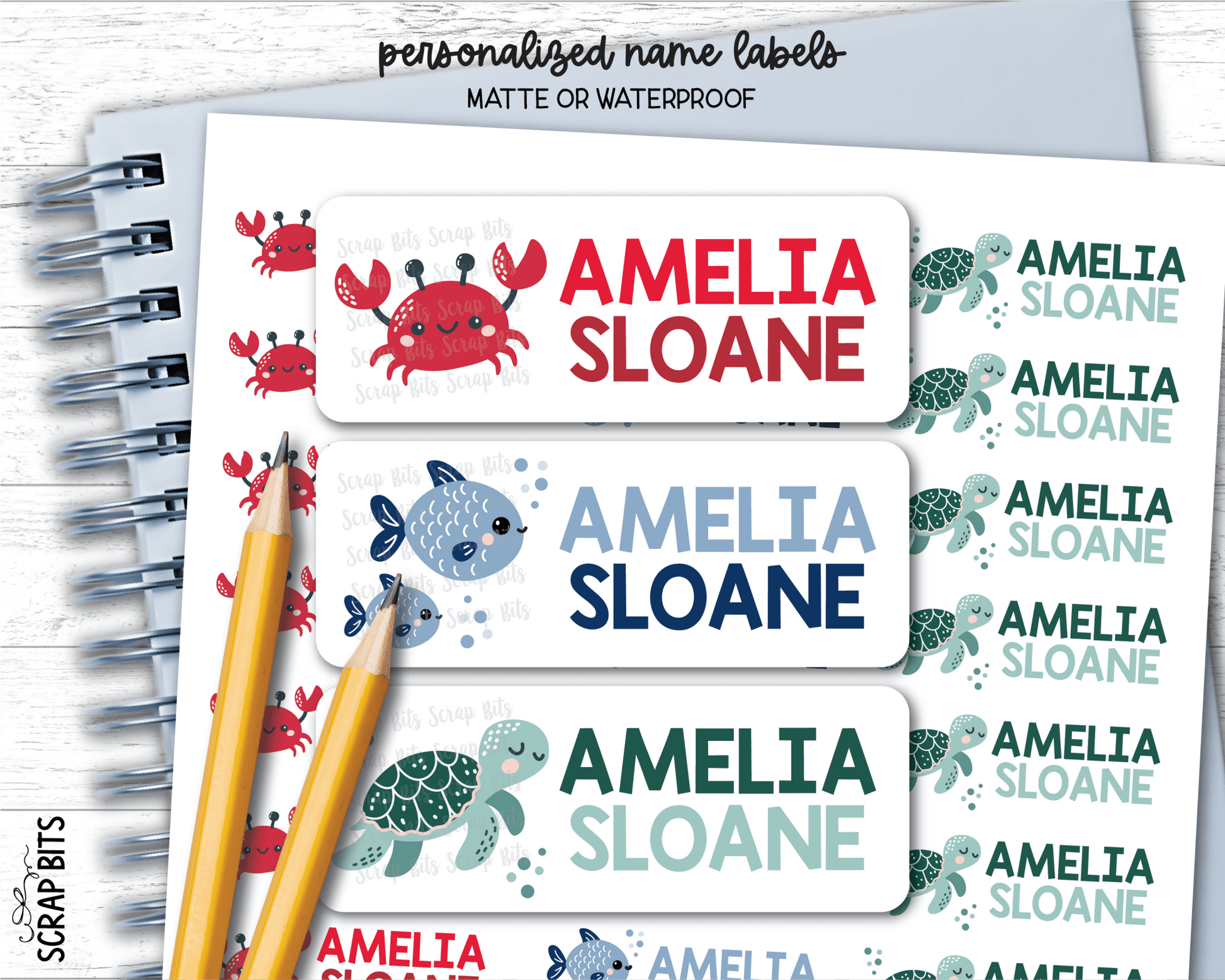 Sea Animals Name Labels, Crab, Turtle, Fish . Personalized Belonging Labels - Scrap Bits
