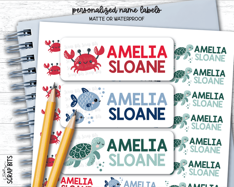 Sea Animals Name Labels, Crab, Turtle, Fish . Personalized Belonging Labels - Scrap Bits
