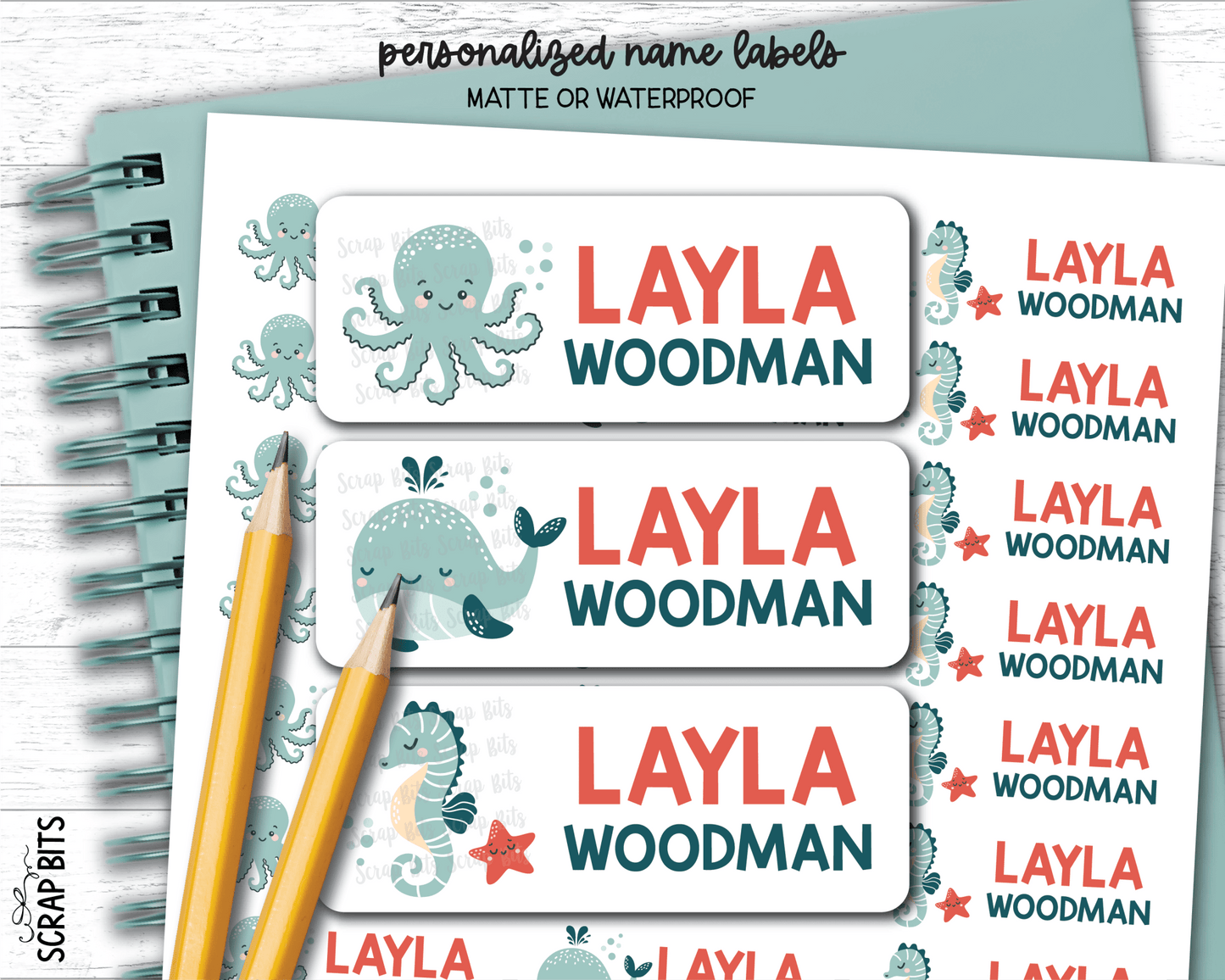 Sea Animals Name Labels, Octopus, Whale, Seahorse . Personalized Belonging Labels - Scrap Bits