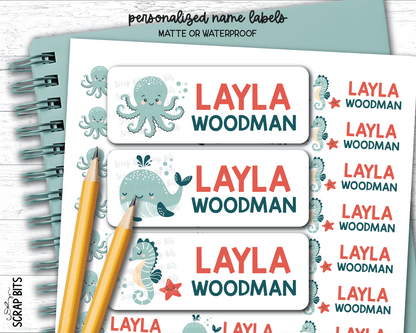 Sea Animals Name Labels, Octopus, Whale, Seahorse . Personalized Belonging Labels - Scrap Bits