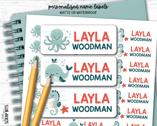 Sea Animals Name Labels, Octopus, Whale, Seahorse . Personalized Belonging Labels - Scrap Bits