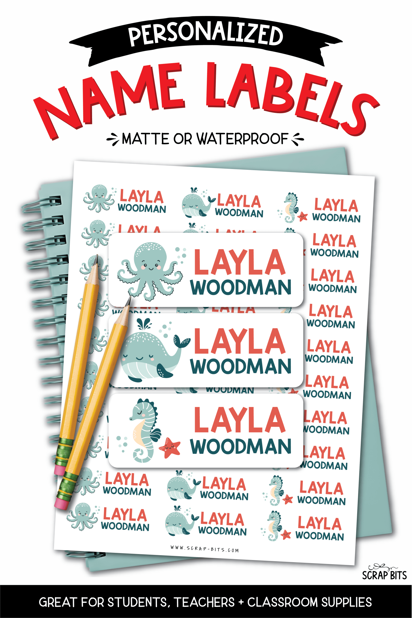 Sea Animals Name Labels, Octopus, Whale, Seahorse . Personalized Belonging Labels - Scrap Bits