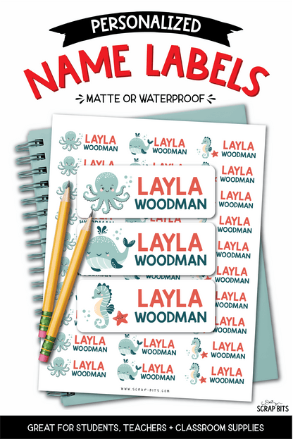 Sea Animals Name Labels, Octopus, Whale, Seahorse . Personalized Belonging Labels - Scrap Bits
