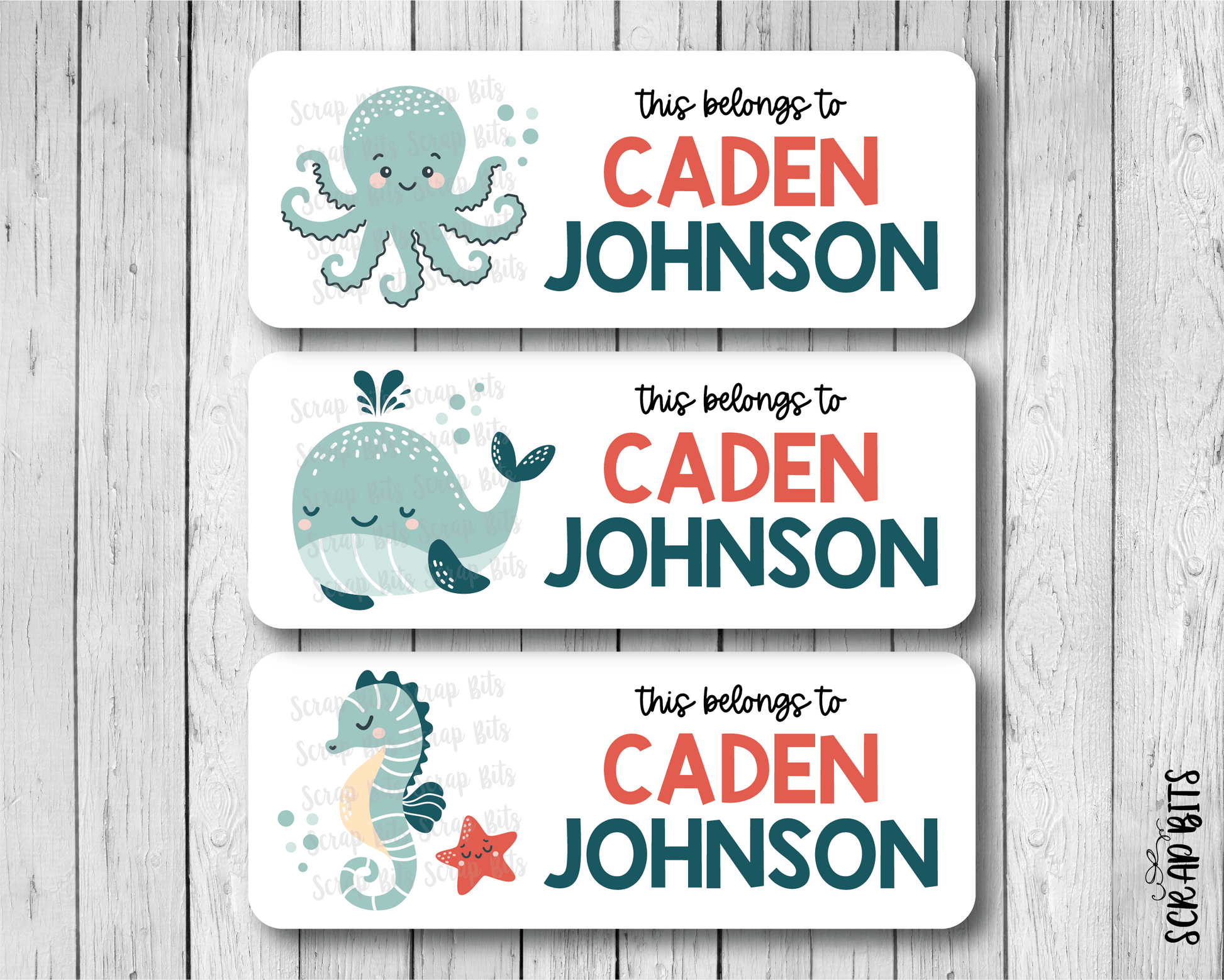 Sea Animals Name Labels, Octopus, Whale, Seahorse . Personalized Belonging Labels - Scrap Bits