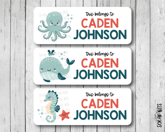 Sea Animals Name Labels, Octopus, Whale, Seahorse . Personalized Belonging Labels - Scrap Bits