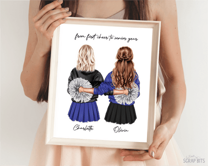 Senior Cheerleader Besties Portrait Print, Custom Digital Drawing - Scrap Bits