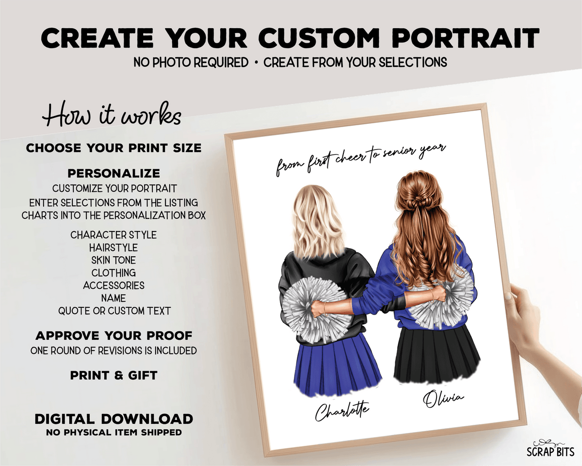 Senior Cheerleader Besties Portrait Print, Custom Digital Drawing - Scrap Bits