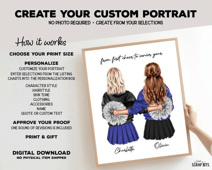 Senior Cheerleader Besties Portrait Print, Custom Digital Drawing - Scrap Bits