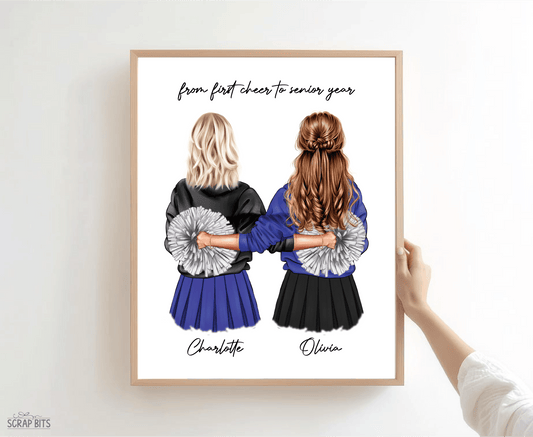 Senior Cheerleader Besties Portrait Print, Custom Digital Drawing - Scrap Bits