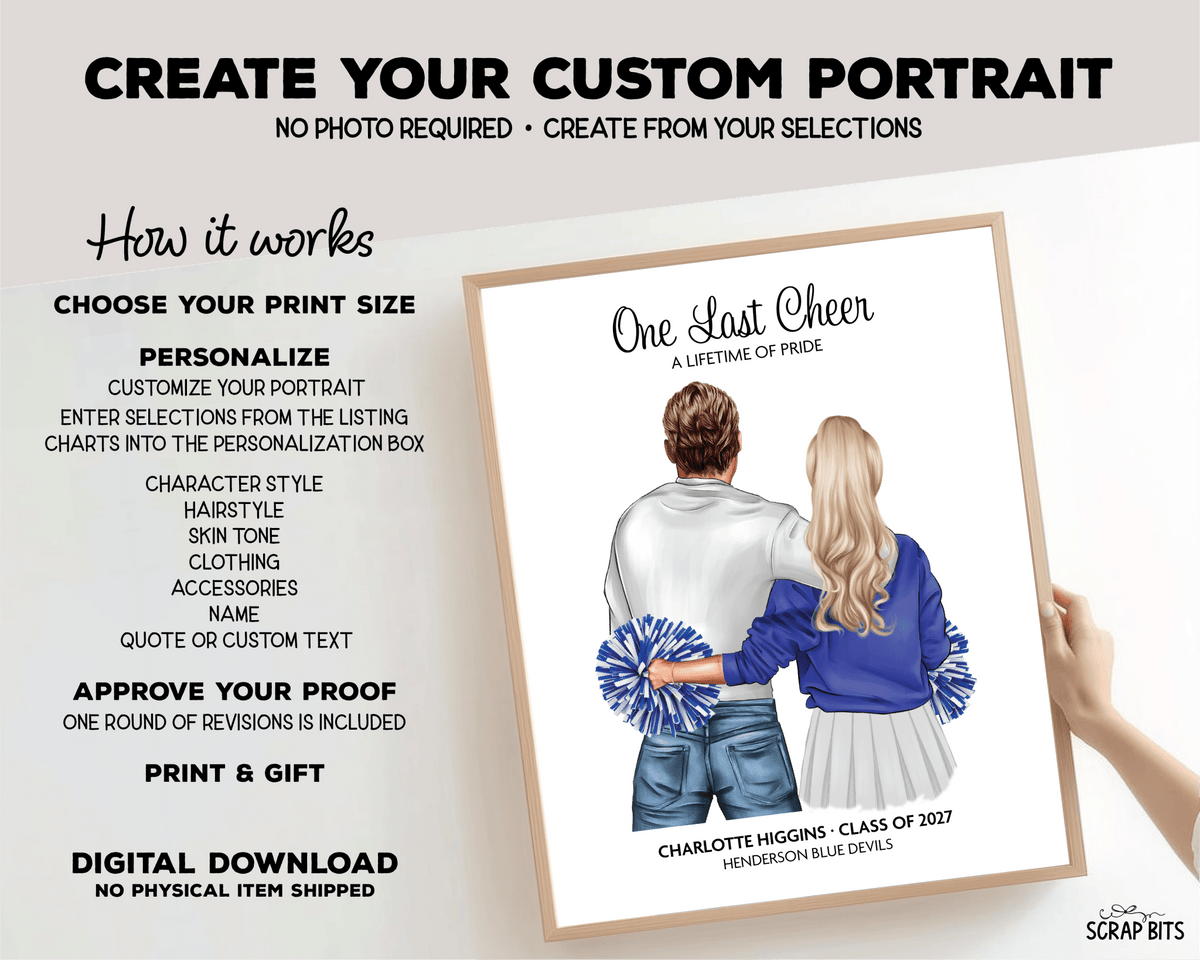 Senior Cheerleader Gift From Dad, One Last Cheer Portrait Print, Custom Digital Drawing - Scrap Bits