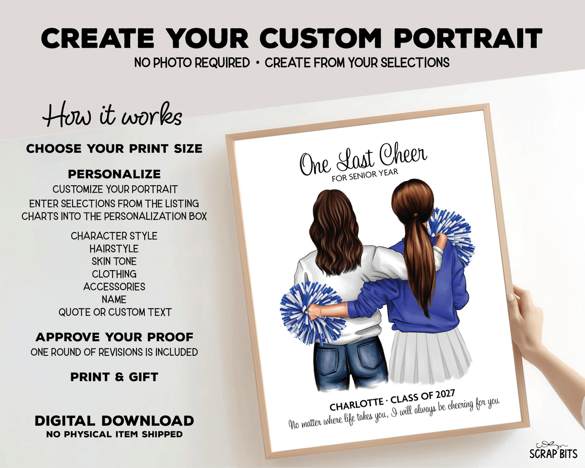 Senior Cheerleader Gift From Mom, One Last Cheer Portrait Print, Custom Digital Drawing - Scrap Bits