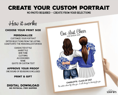 Senior Cheerleader Gift From Mom, One Last Cheer Portrait Print, Custom Digital Drawing - Scrap Bits