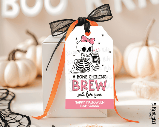 Skeleton Bone Chilling Brew For You Tags . Personalized Halloween Coffee Gift Tags - Scrap Bits