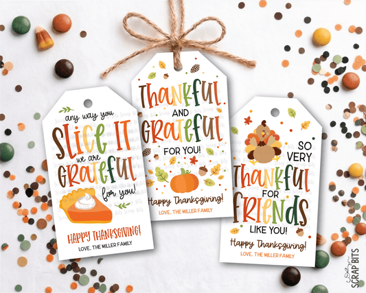 Slice It Grateful Turkey, Thankful Favor Tags, Personalized Thanksgiving Gift Tags - Scrap Bits