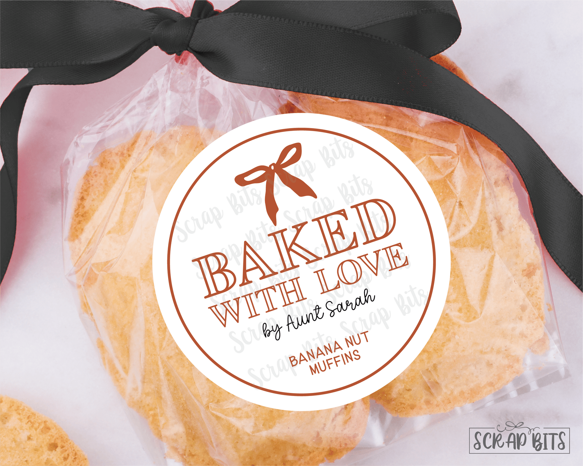 Small Bow Baked With Love Stickers . Personalized Baking Labels - Scrap Bits