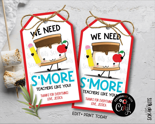 Smore Teachers Tags, Angle Top, EDITABLE Printable Digital Download - Scrap Bits
