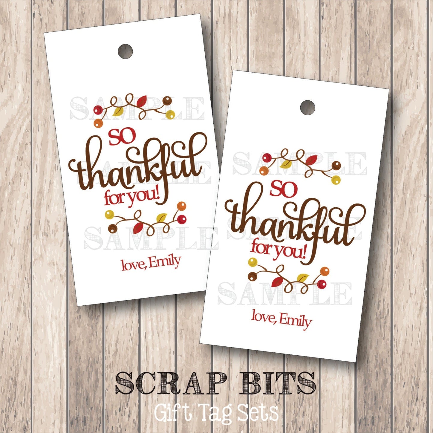 So Thankful For You Tags, Vines and Berries . Personalized Thanksgiving Gift or Favor Tags - Scrap Bits