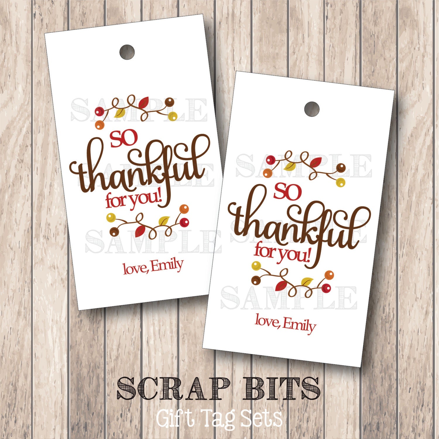 So Thankful For You Tags, Vines and Berries . Personalized Thanksgiving Gift or Favor Tags - Scrap Bits