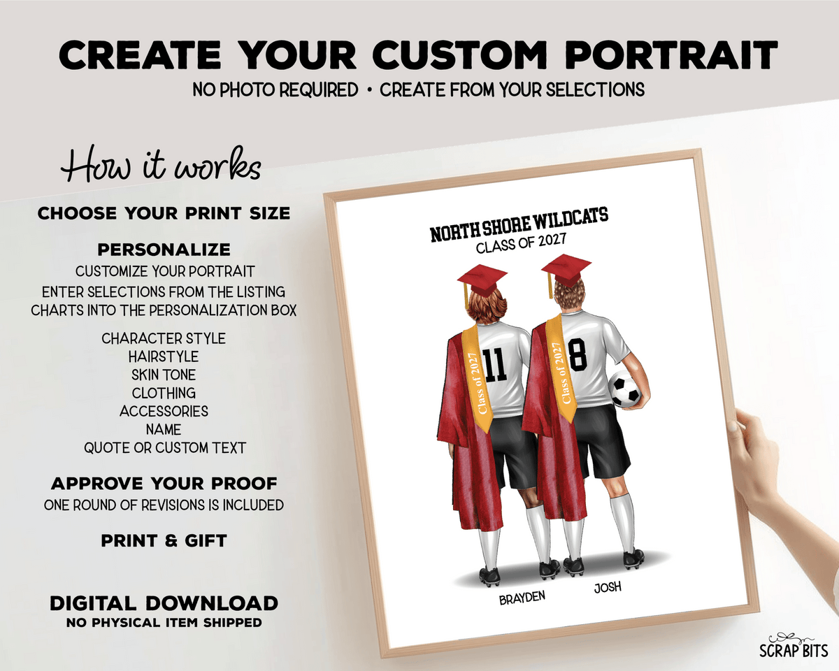 Soccer Friends (Male) Graduation Portrait Print, Custom Digital Drawing - Scrap Bits