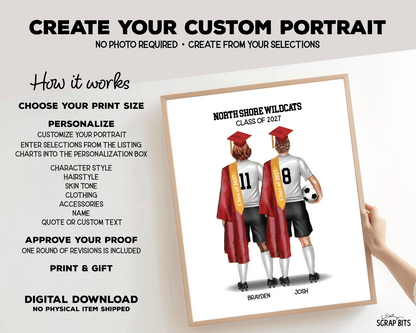 Soccer Friends (Male) Graduation Portrait Print, Custom Digital Drawing - Scrap Bits