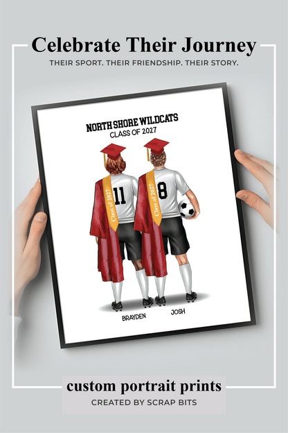 Soccer Friends (Male) Graduation Portrait Print, Custom Digital Drawing - Scrap Bits