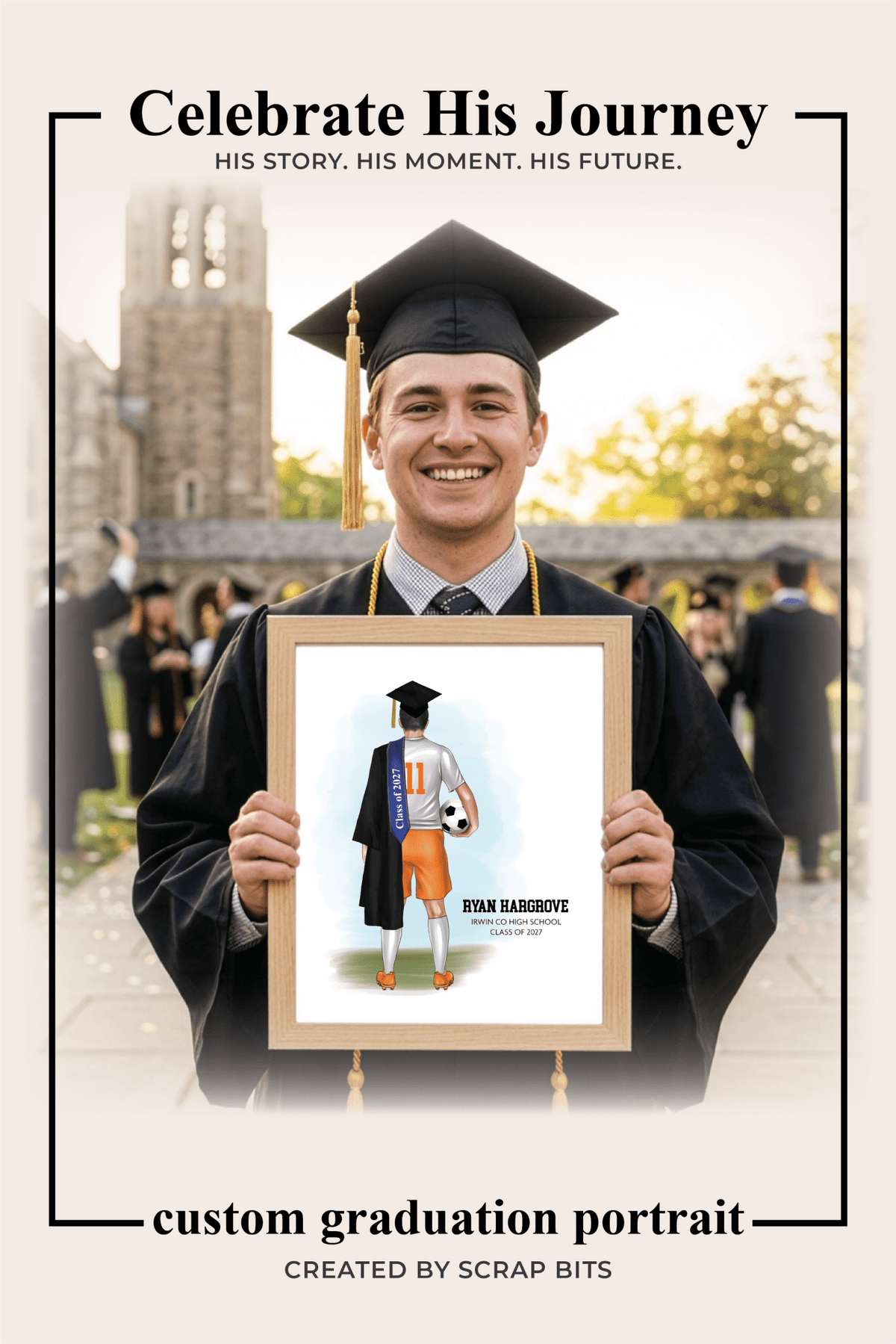 Soccer (Male) Graduation Portrait Print, Custom Digital Drawing - Scrap Bits