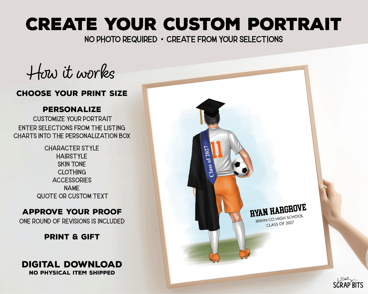 Soccer (Male) Graduation Portrait Print, Custom Digital Drawing - Scrap Bits