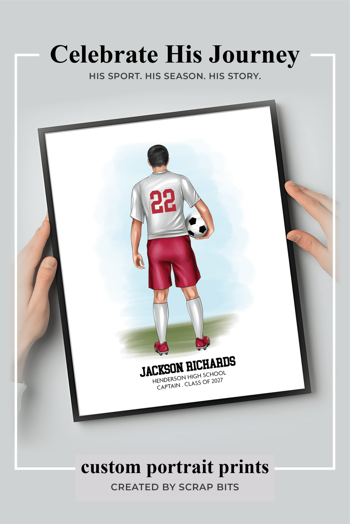 Soccer (Male) Portrait Print, Custom Digital Drawing - Scrap Bits