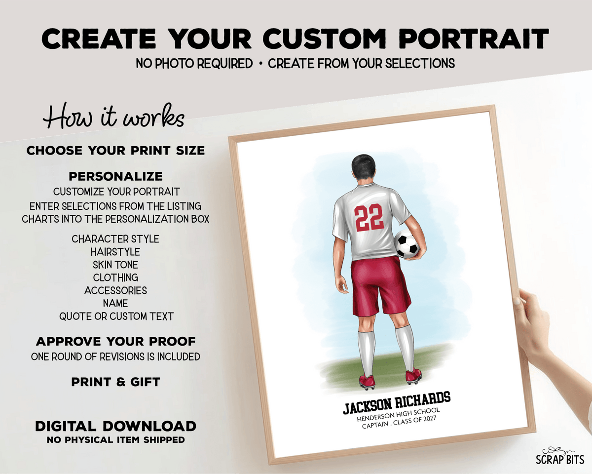 Soccer (Male) Portrait Print, Custom Digital Drawing - Scrap Bits