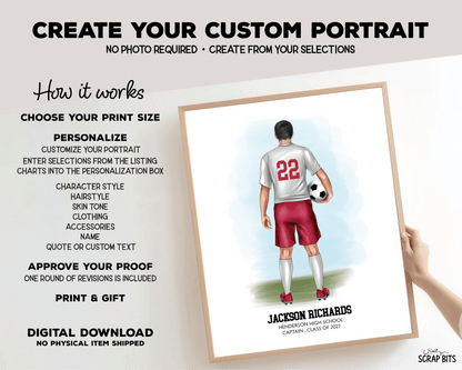 Soccer (Male) Portrait Print, Custom Digital Drawing - Scrap Bits