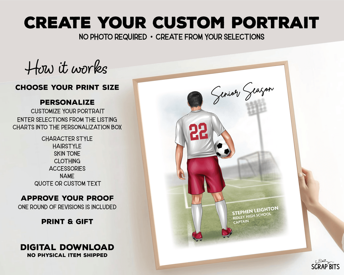 Soccer Senior Season (Male) Portrait Print, Custom Digital Drawing - Scrap Bits