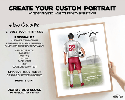 Soccer Senior Season (Male) Portrait Print, Custom Digital Drawing - Scrap Bits