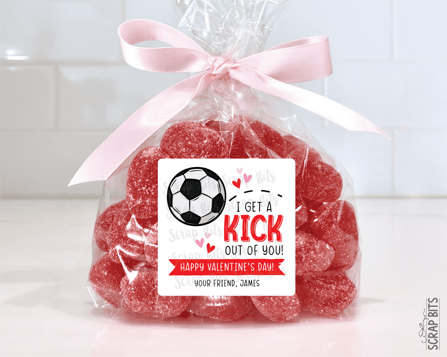 Soccer Valentines, I Get A Kick Out Of You Valentine Treat Bag Stickers - Scrap Bits
