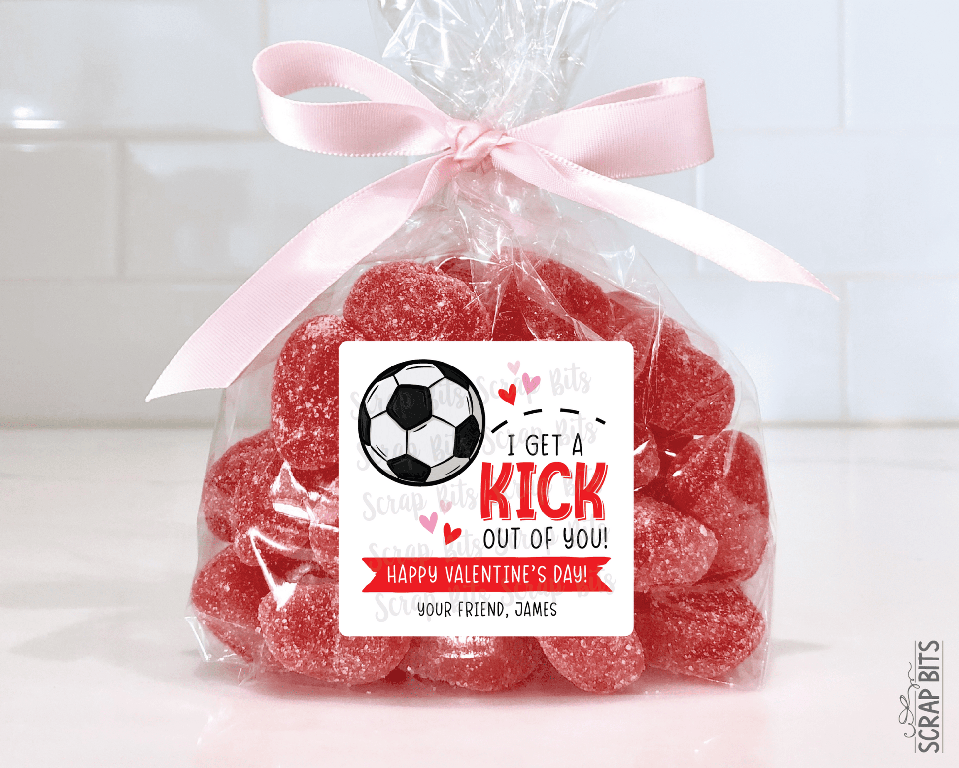 Soccer Valentines, I Get A Kick Out Of You Valentine Treat Bag Stickers - Scrap Bits
