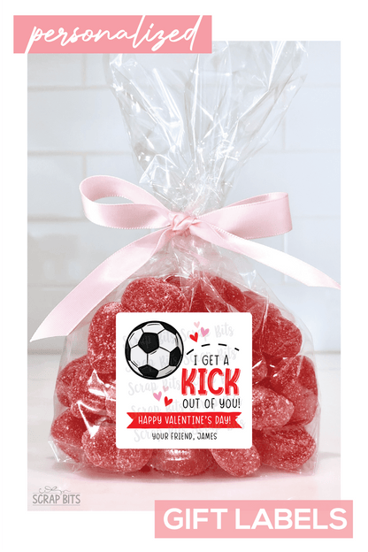 Soccer Valentines, I Get A Kick Out Of You Valentine Treat Bag Stickers - Scrap Bits
