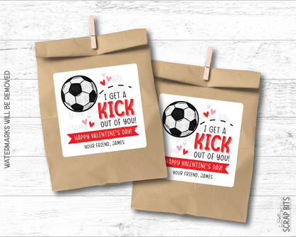 Soccer Valentines, I Get A Kick Out Of You Valentine Treat Bag Stickers - Scrap Bits