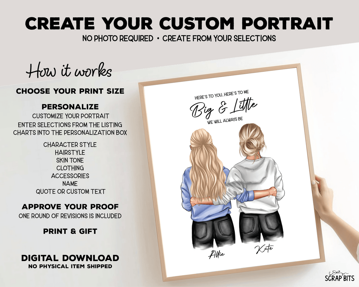 Sorority Big + Little Portrait Print, Sweatshirt Girls, Custom Digital Drawing - Scrap Bits