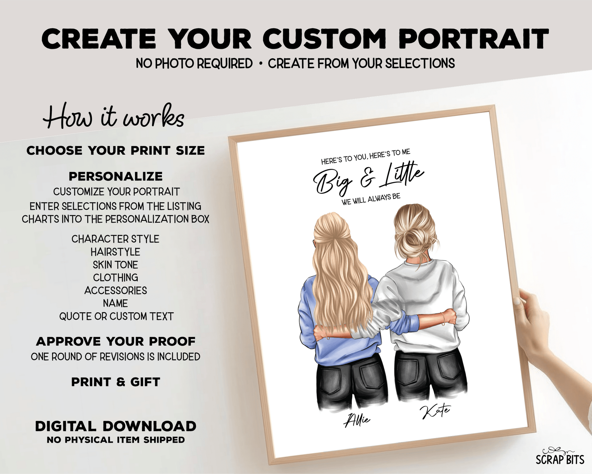 Sorority Big + Little Portrait Print, Sweatshirt Girls, Custom Digital Drawing - Scrap Bits