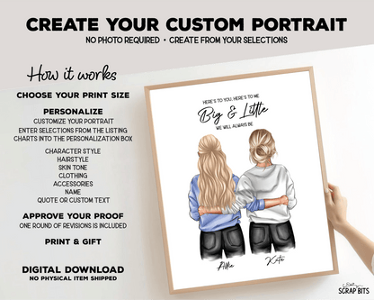 Sorority Big + Little Portrait Print, Sweatshirt Girls, Custom Digital Drawing - Scrap Bits