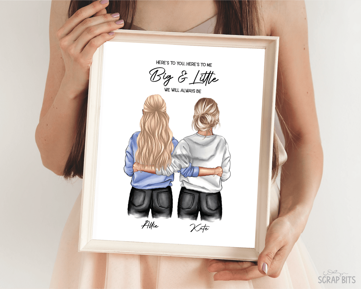 Sorority Big + Little Portrait Print, Sweatshirt Girls, Custom Digital Drawing - Scrap Bits