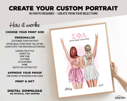 Sorority Sisters Custom Digital Portrait, Personalized Gift Illustration Print - Scrap Bits