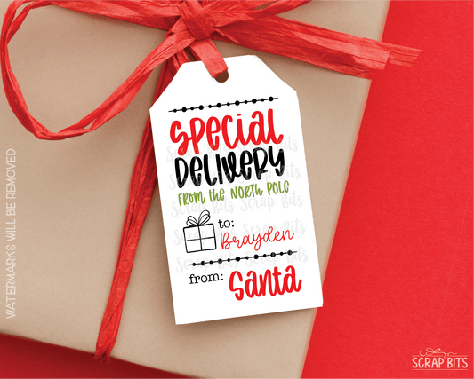 Special Delivery From The North Pole Word Stack, To Child From Santa Christmas Gift Tags - Scrap Bits