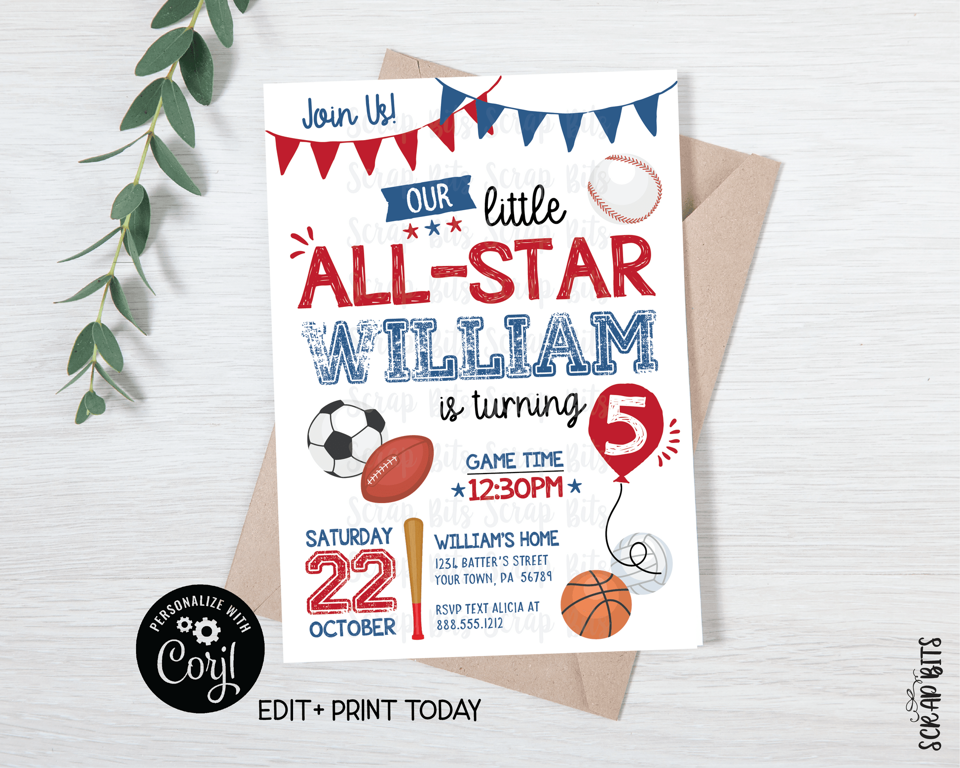 Sports All Star Birthday Invitation . Instant Download Editable Template - Scrap Bits