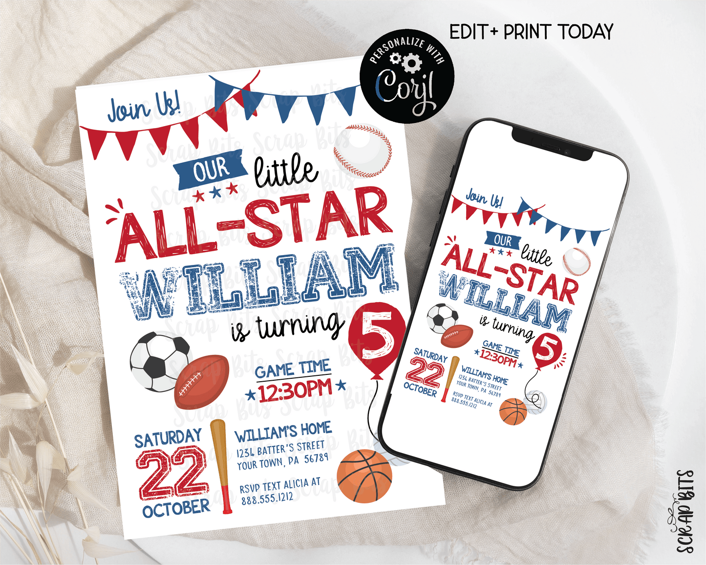 Sports All Star Birthday Invitation . Instant Download Editable Template - Scrap Bits