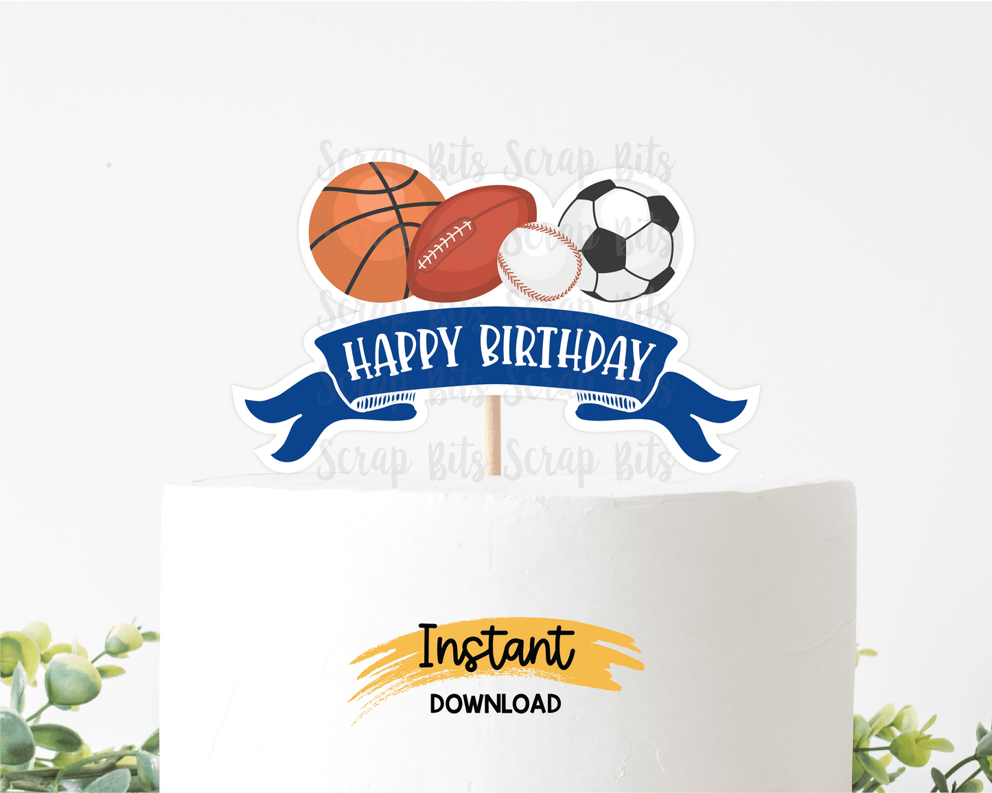 Sports Balls Cake Topper, Blue Banner, Printable Party Decor . Instant Download - Scrap Bits