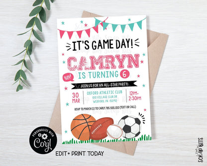 Sports Birthday Invitation, It's Game Day, Blue & Pink Sports Party Invitation . Instant Download Editable Template - Scrap Bits