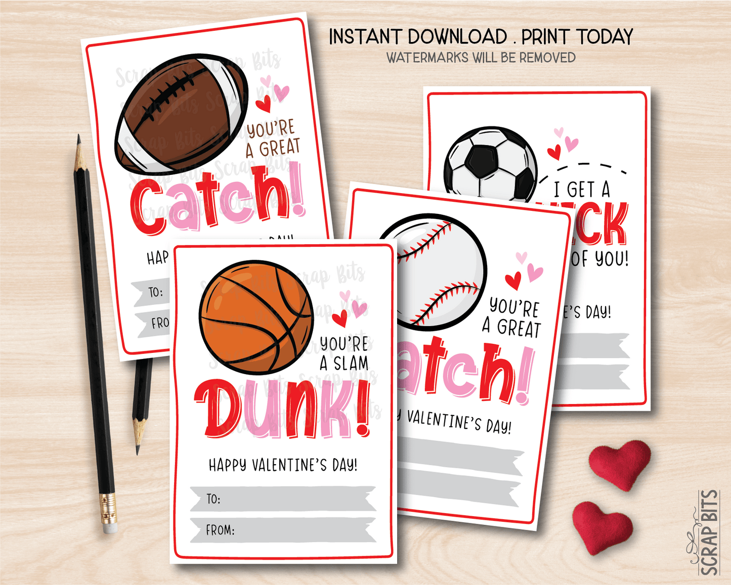 Sports Valentines, Football, Baseball, Basketball, Soccer, Printable Classroom Exchange Cards, Instant Download - Scrap Bits