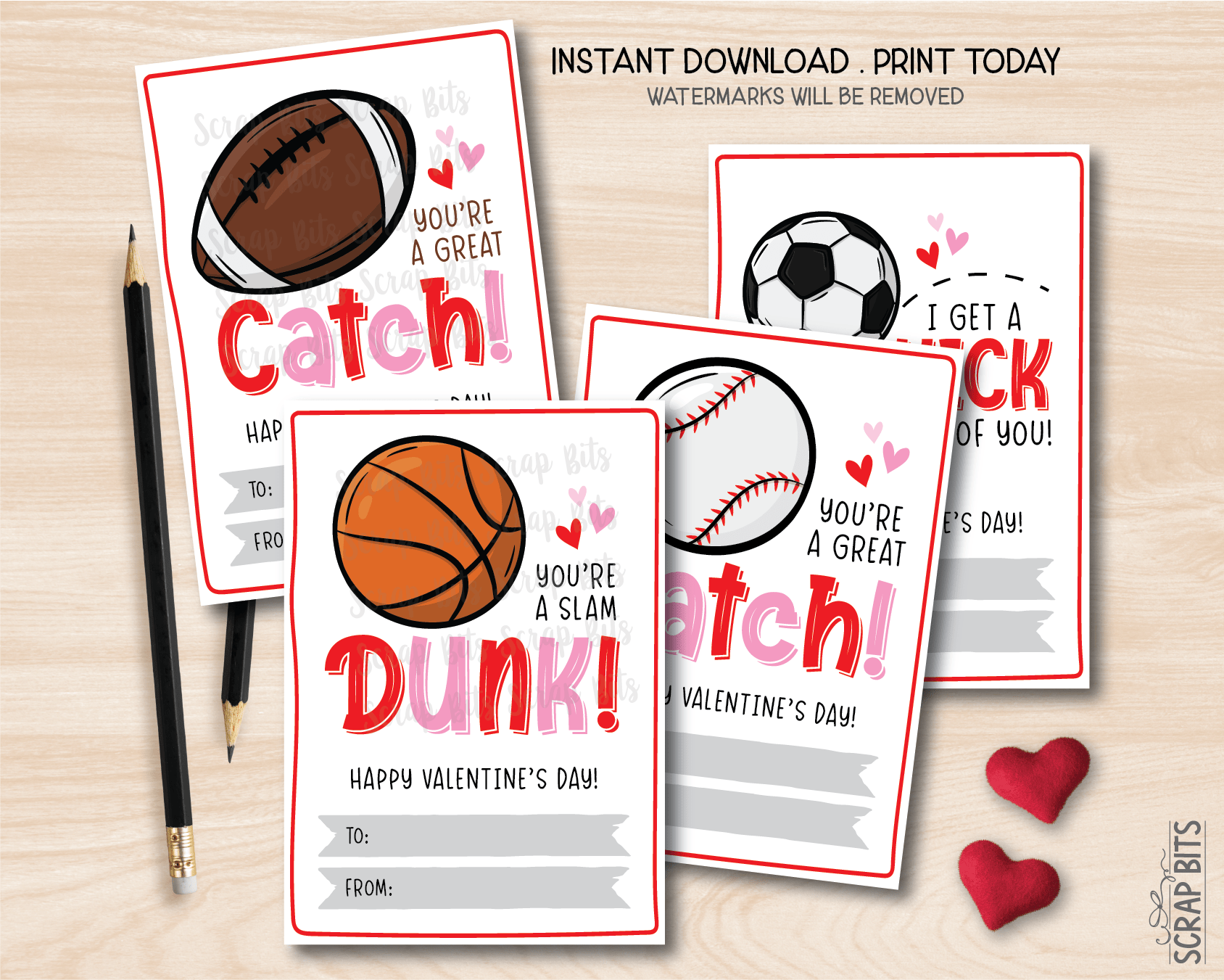 Sports Valentines, Football, Baseball, Basketball, Soccer, Printable Classroom Exchange Cards, Instant Download - Scrap Bits