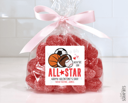 Sports Valentines, You're An All Star Valentine Treat Bag Stickers - Scrap Bits
