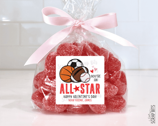 Sports Valentines, You're An All Star Valentine Treat Bag Stickers - Scrap Bits
